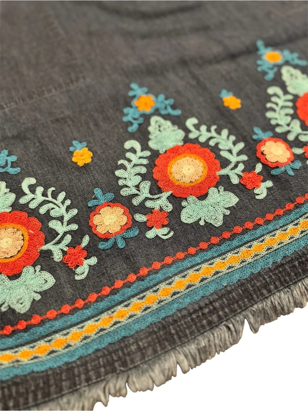 J. Jill Denim Dress Small Blue Floral Embroidered Fringe Hem Sleeveless Cotton - Picture 3 of 6